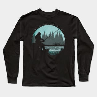 Bigfoot Fishing Moon Night Long Sleeve T-Shirt